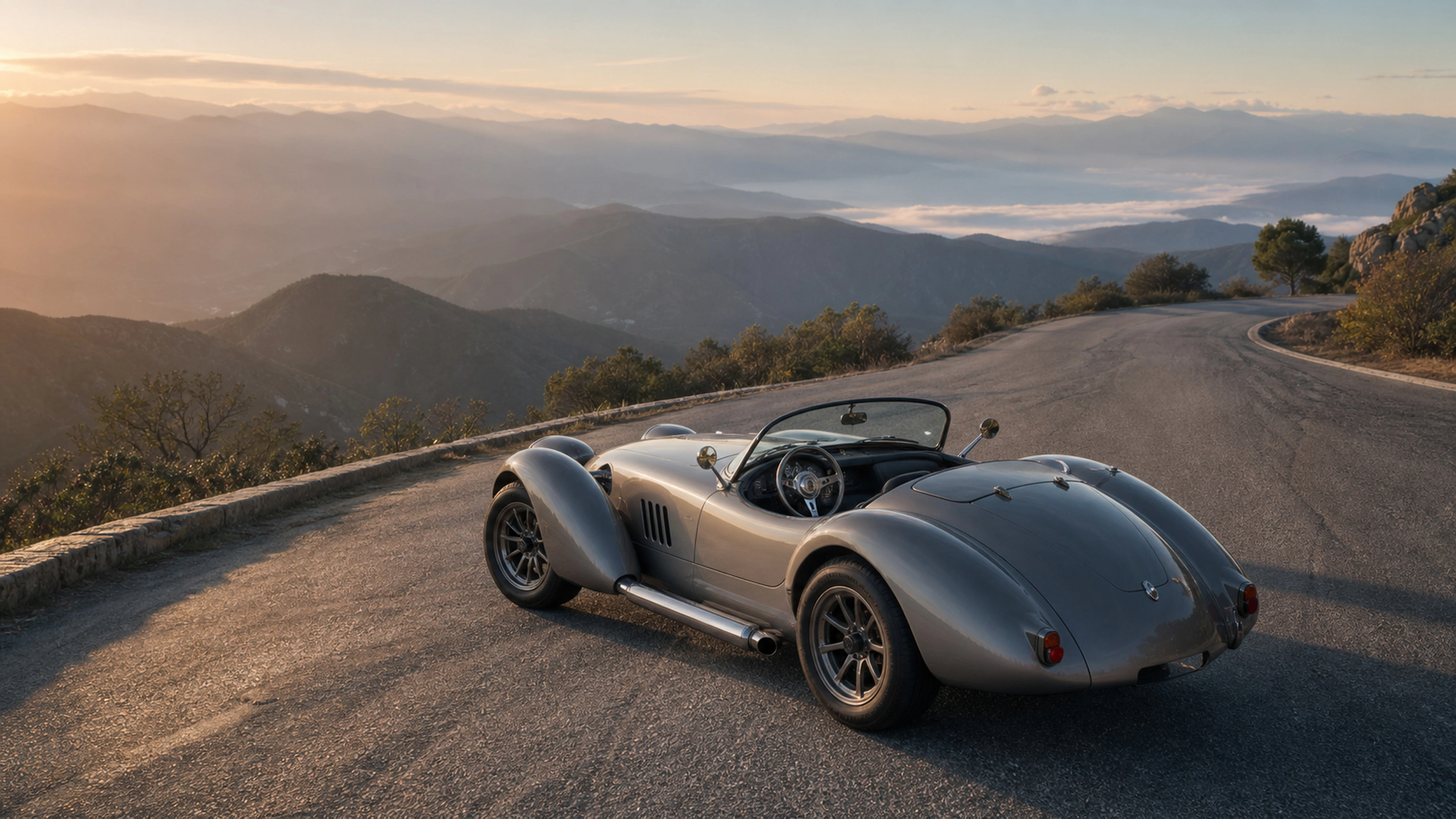 High oblique view of a distinct roadster showing plausible proportions and materials, original 4K vehicles machines wallpaper