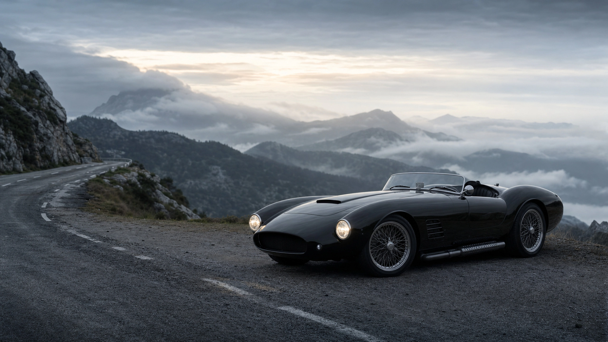 Original black roadster on a misty mountain road with restrained headlights and no driver, original 4K vehicles machines wallpaper