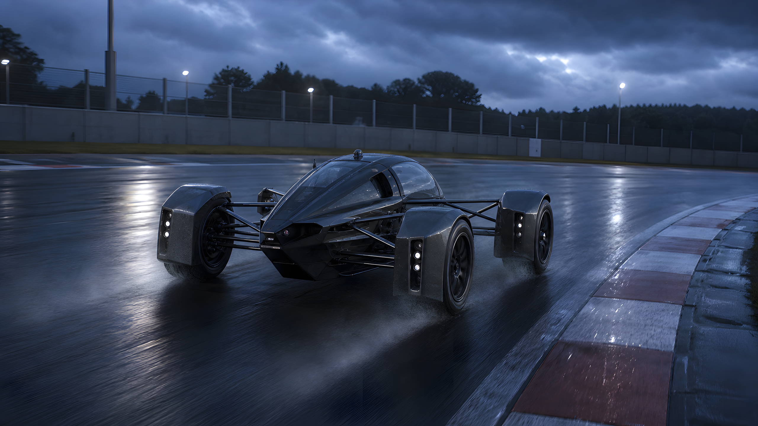 A wholly original deep-blue track coupe accelerating from a rain-soaked pit lane at blue hour, low rear three-quarter photograph, sharp water spray, wet carbon aero and glowing unbranded tail lamps, original 4K vehicles machines wallpaper