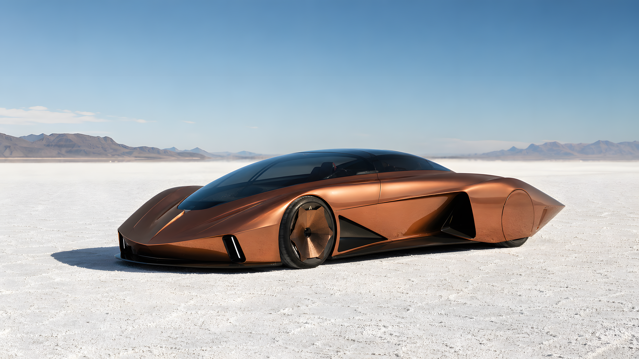 A wholly original copper electric hypercar crossing a vast white salt flat at first light, long side profile with a clean wheel silhouette, subtle road dust and distant heat haze, original 4K vehicles machines wallpaper