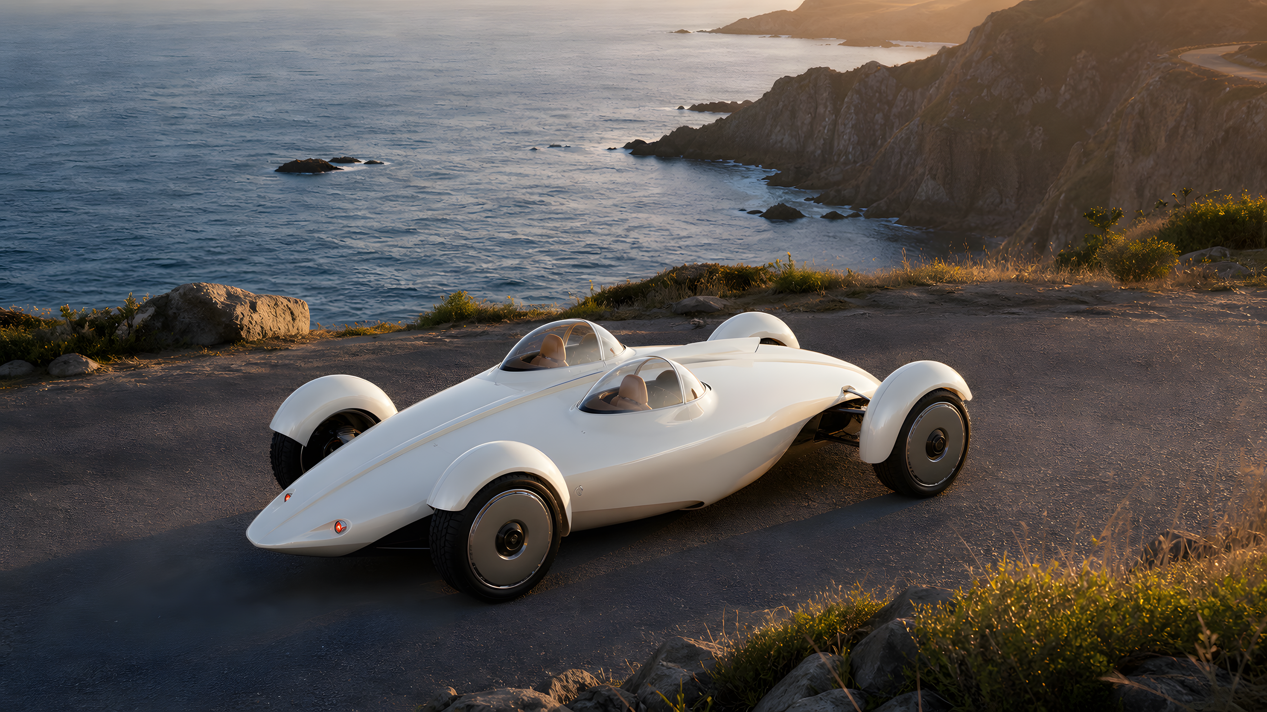 A wholly original pearl-white lightweight roadster stopped above a stormy ocean cliff, elevated front three-quarter view, open cabin with no occupants, tactile paint and wind-bent grass, original 4K vehicles machines wallpaper