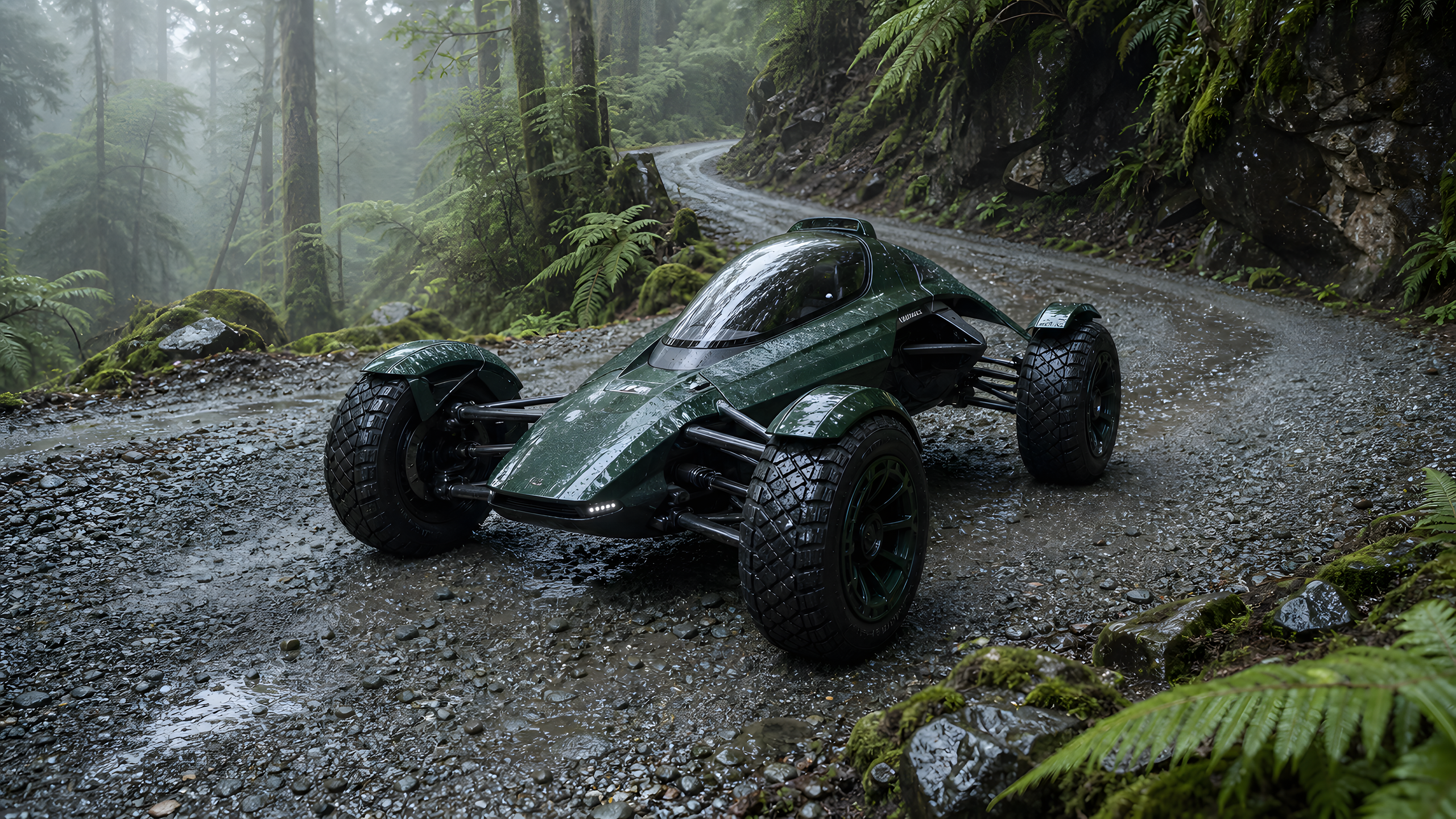 A wholly original dark-green rally-inspired performance coupe rotating through a damp forest gravel hairpin, telephoto action photograph, believable suspension compression, stones and mud spray, original 4K vehicles machines wallpaper