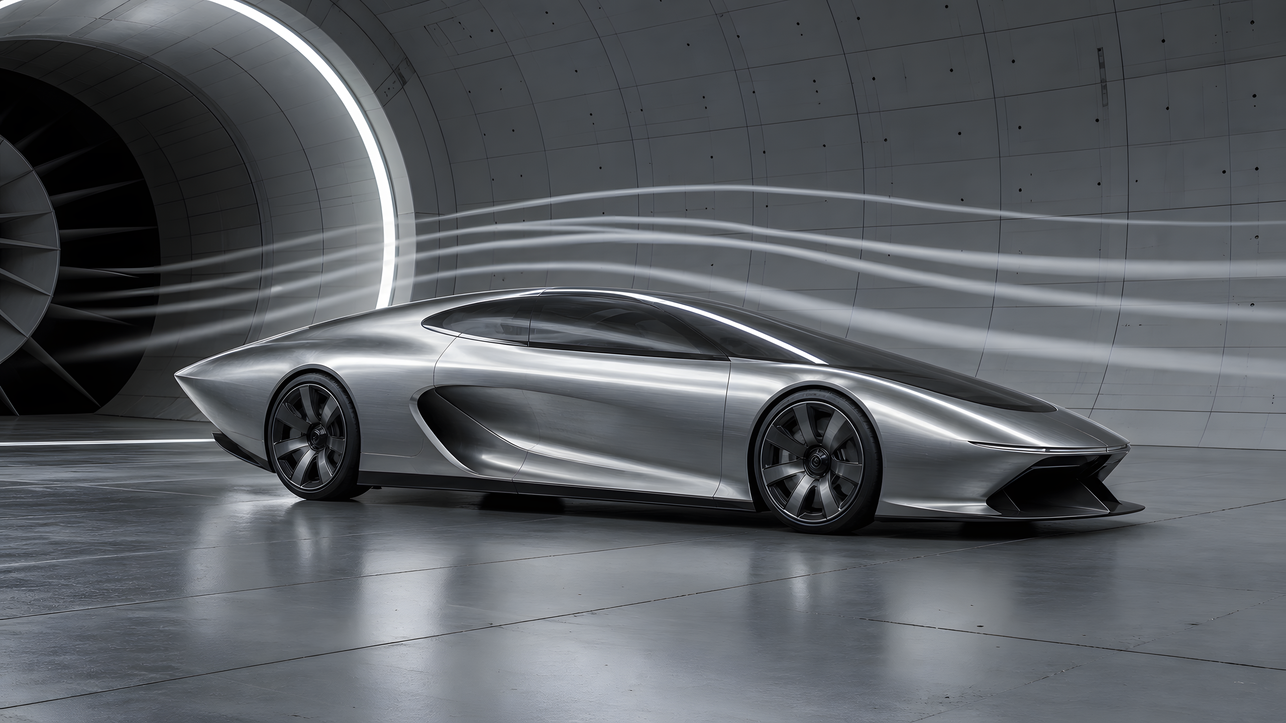 A wholly original silver active-aero prototype inside a full-scale automotive wind tunnel, precise side-front view, visible airflow vapor, machined surfaces and laboratory lighting, original 4K vehicles machines wallpaper