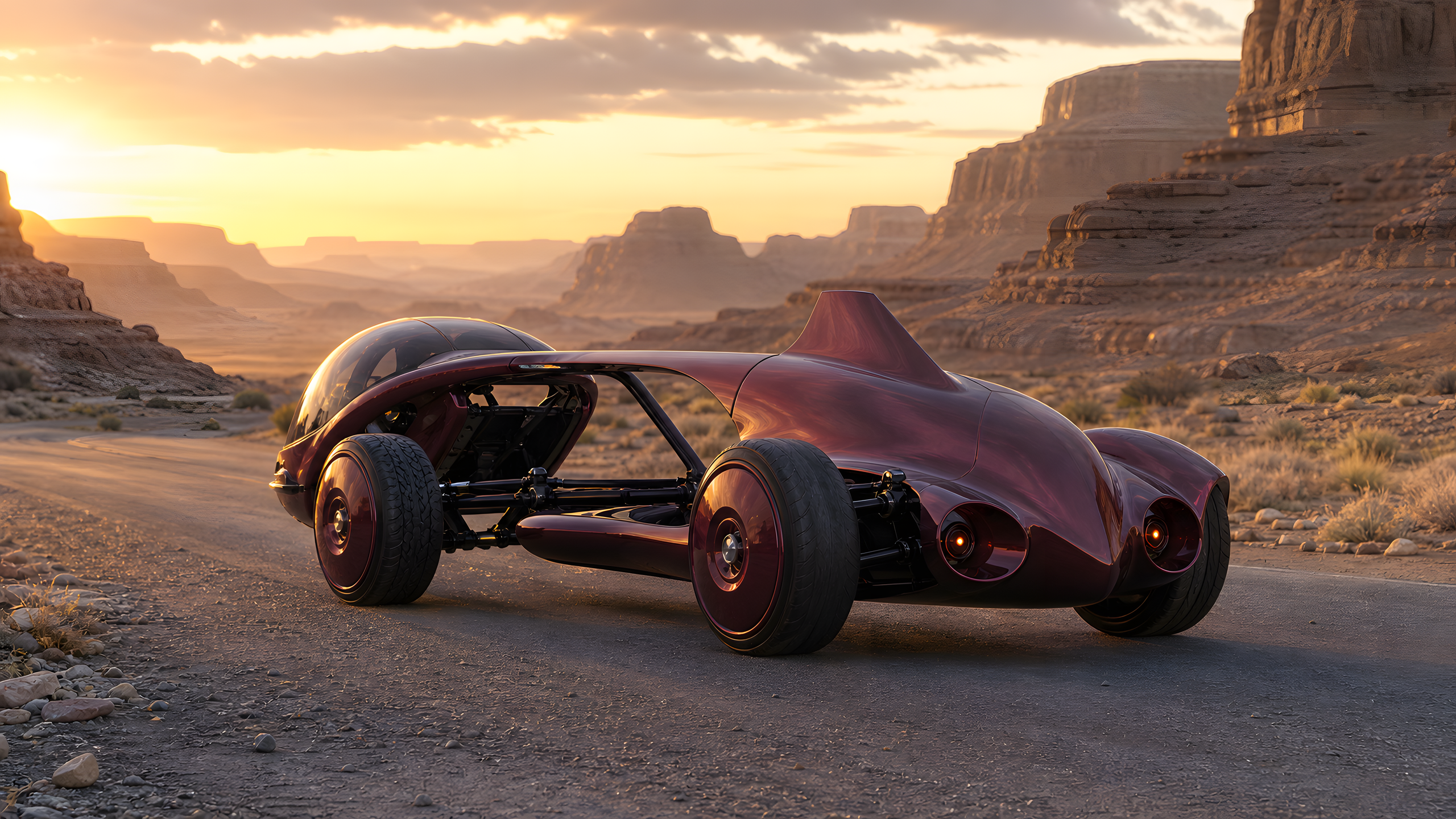 A wholly original burgundy front-engine grand tourer on an empty desert highway at blue hour, long-lens rear view, restrained tail light, layered mesas and fine road texture, original 4K vehicles machines wallpaper