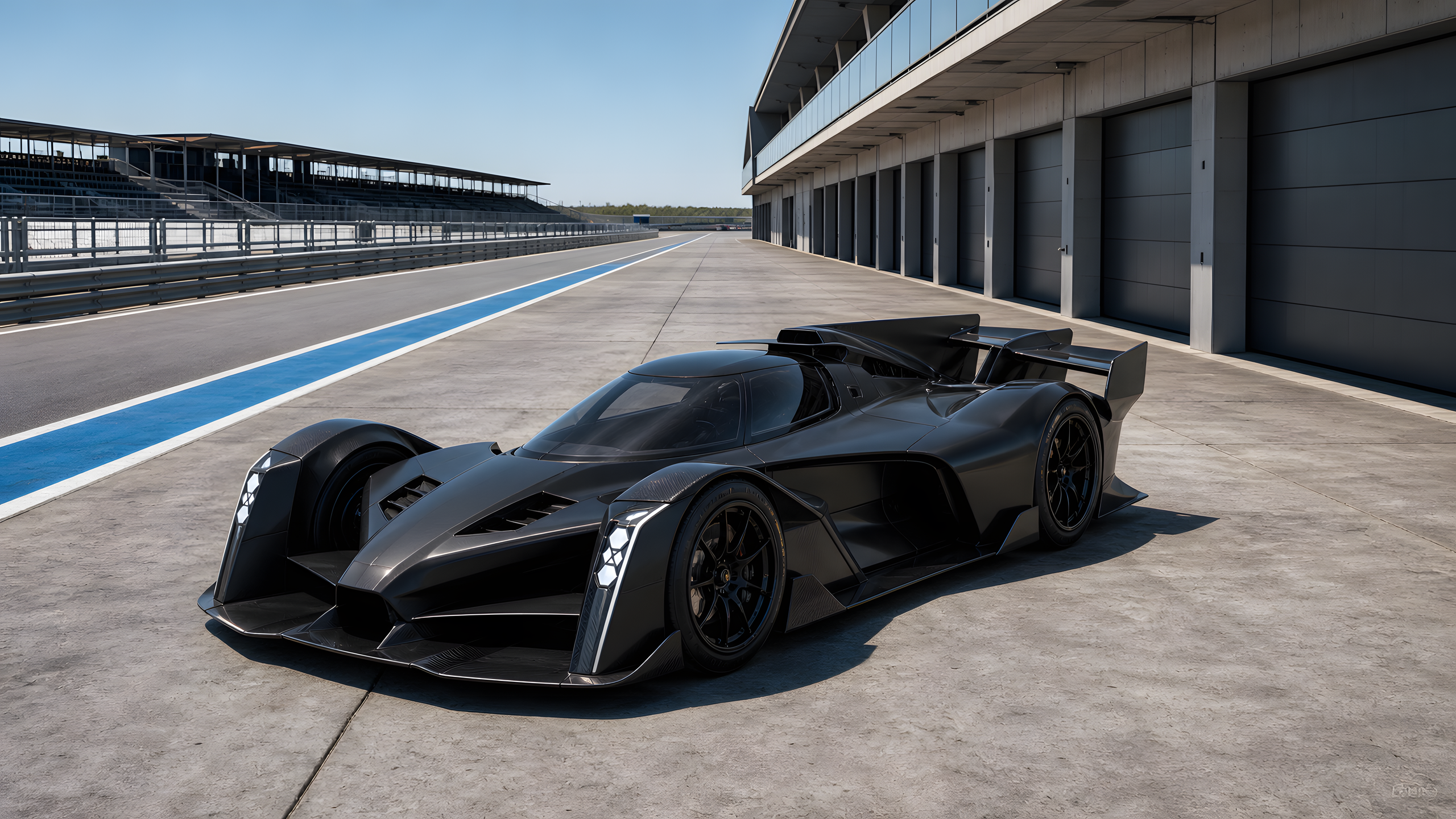 A wholly original matte-black track special centered in a raw concrete service bay, high top-down diagonal view, exposed cooling channels, center-lock wheels and hard skylight geometry, original 4K vehicles machines wallpaper