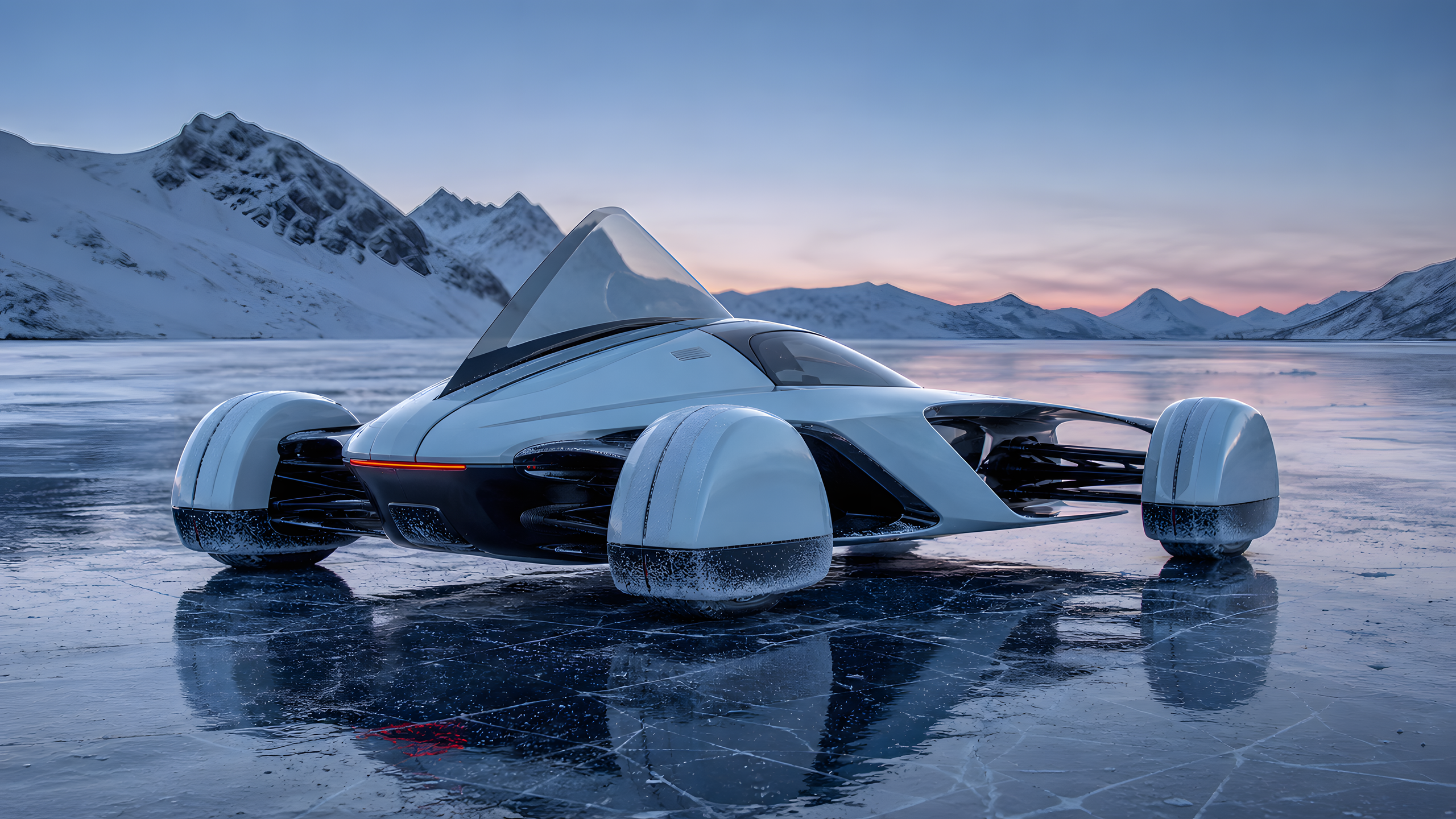 A wholly original pale-silver all-wheel-drive performance coupe carving across a frozen lake, distant low side view, controlled snow plume, crisp ice cracks and cold mountain light, original 4K vehicles machines wallpaper