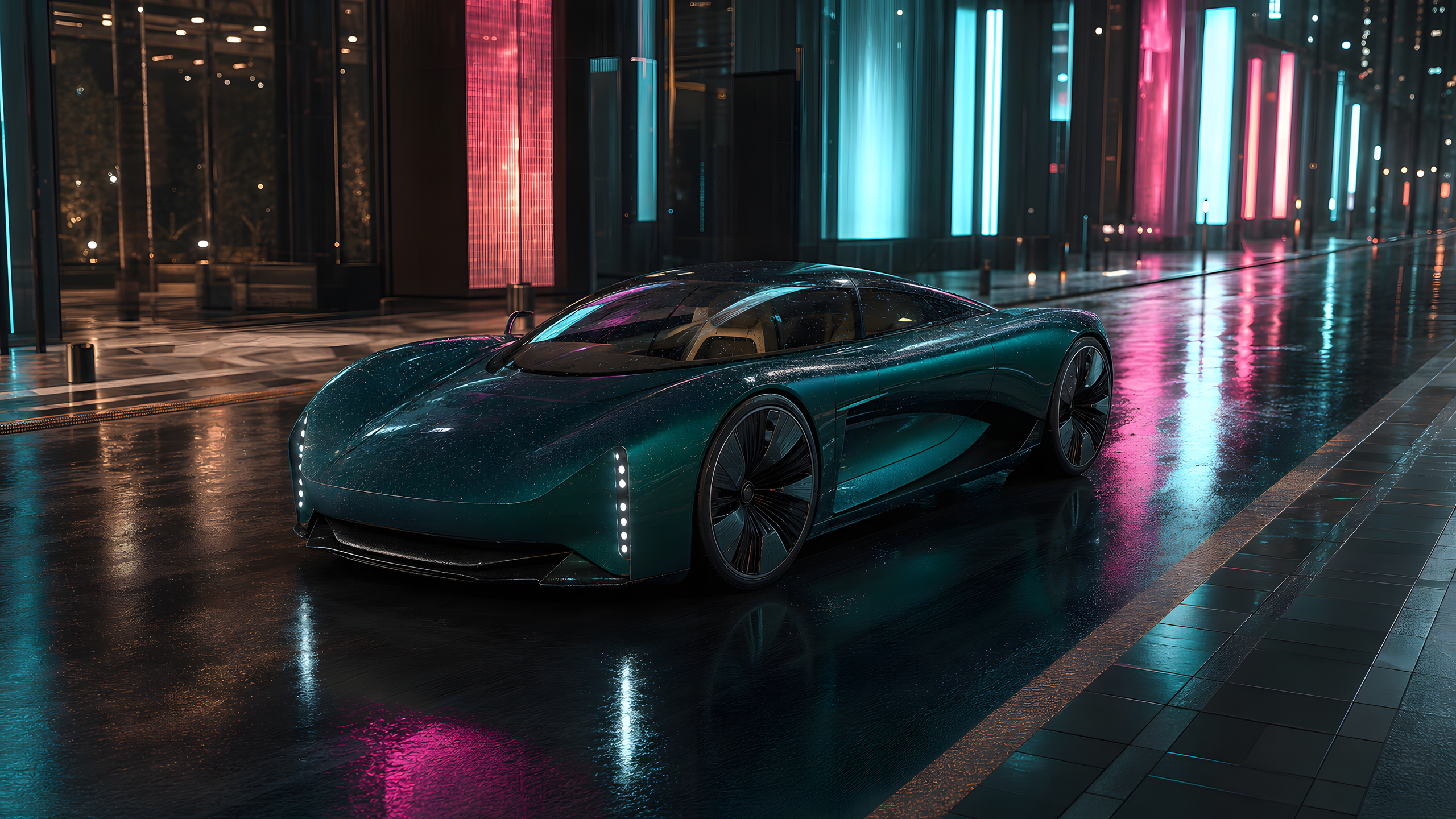 A wholly original charcoal electric grand tourer parked on a rain-dark modern city street, ground-level front view, abstract reflected light with no signage, realistic droplets and tire tread, original 4K vehicles machines wallpaper