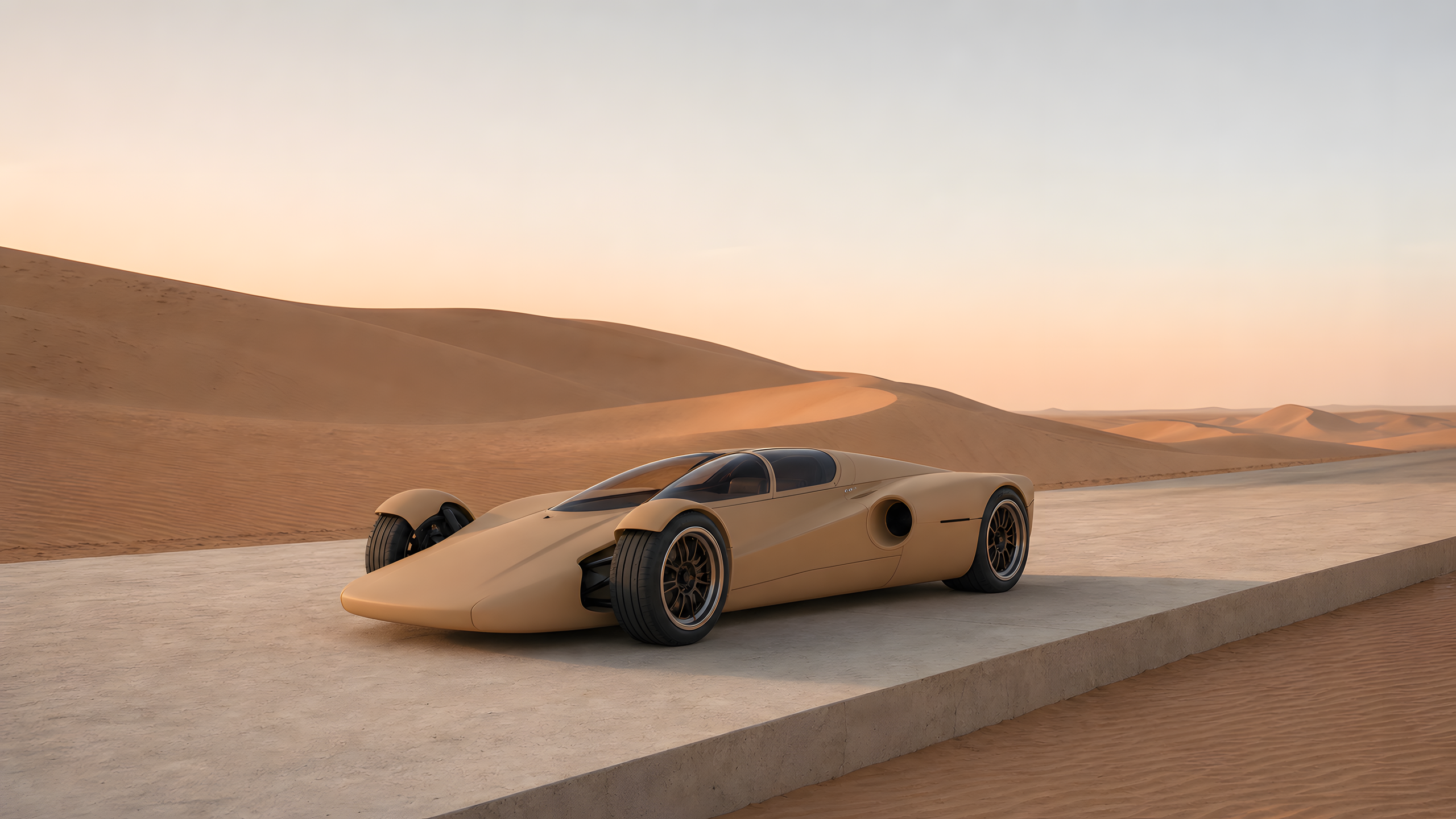 A wholly original burnt-orange longtail supercar sweeping through a sandstone canyon road, aerial rear three-quarter view, late-afternoon shadows, brake heat shimmer and layered geology, original 4K vehicles machines wallpaper