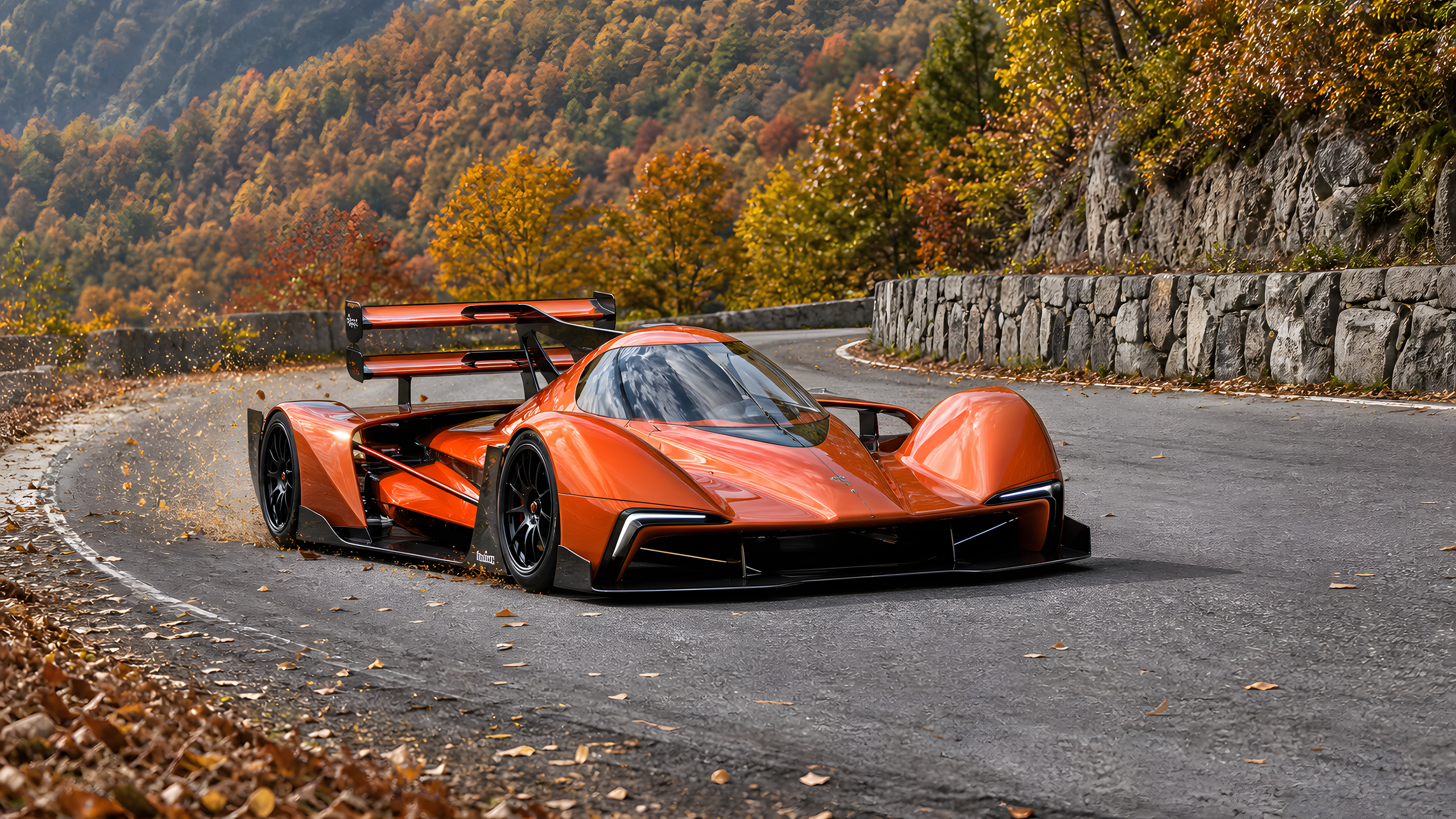 A wholly original white-and-carbon hillclimb machine attacking a steep cloud-covered mountain road, close low side view, functional oversized aero, compressed suspension and wet asphalt spray, original 4K vehicles machines wallpaper