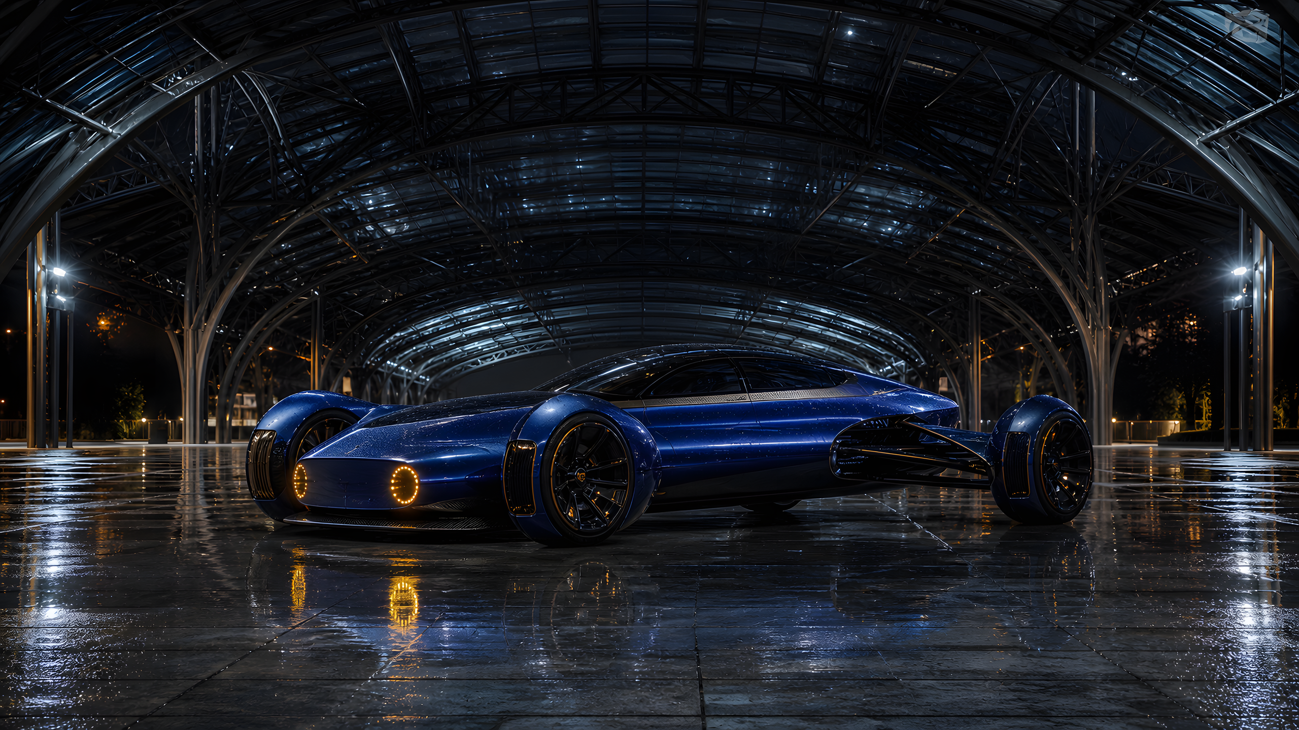 A wholly original navy endurance-inspired road concept alone beneath floodlights on a closed circuit, distant head-on photograph, intricate cooling ducts, granular asphalt and mist, original 4K vehicles machines wallpaper