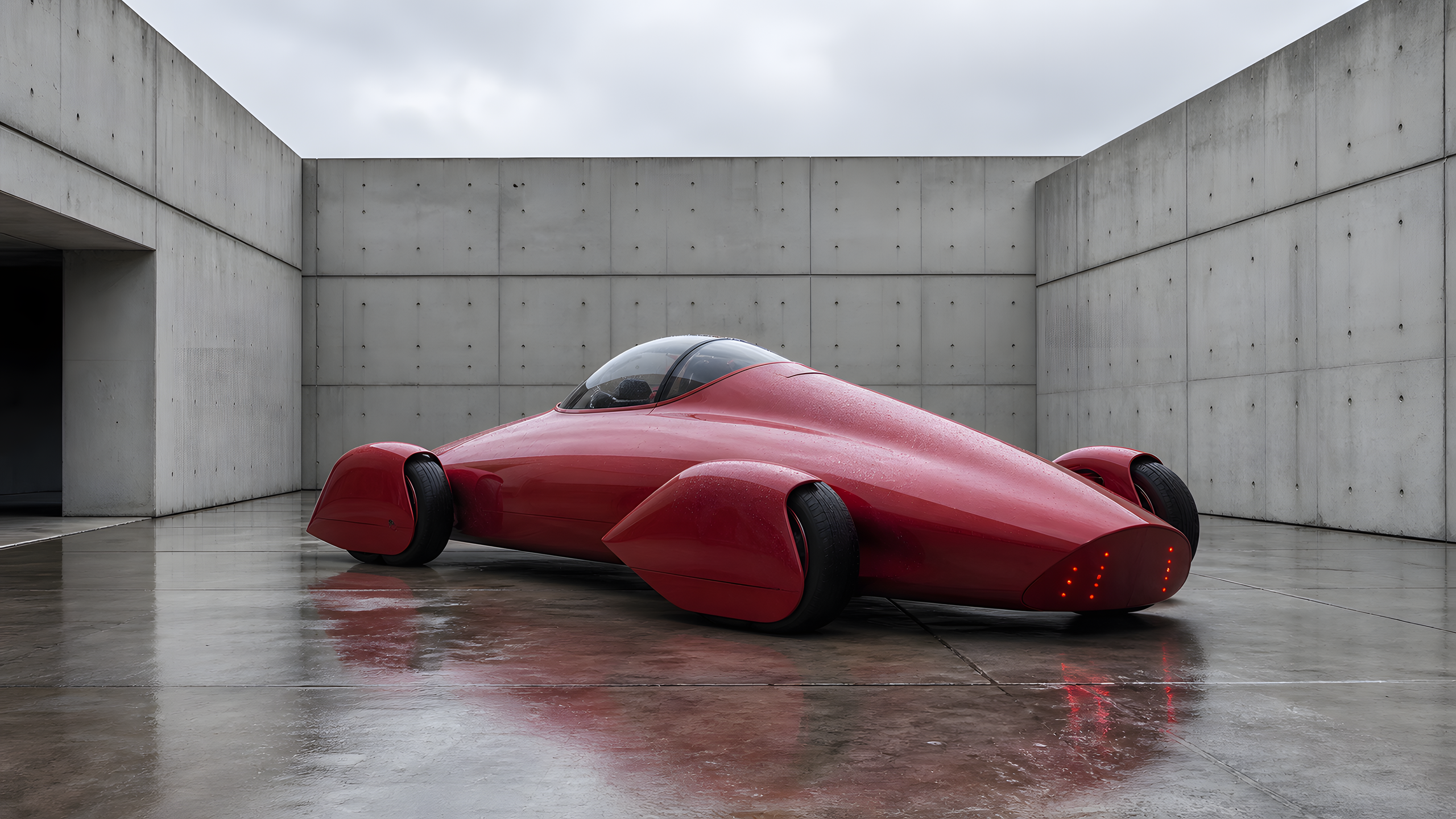 A wholly original compact crimson rear-wheel-drive sports coupe on a winding autumn valley road, natural roadside camera view, modest proportions, crisp leaf detail and believable motion, original 4K vehicles machines wallpaper