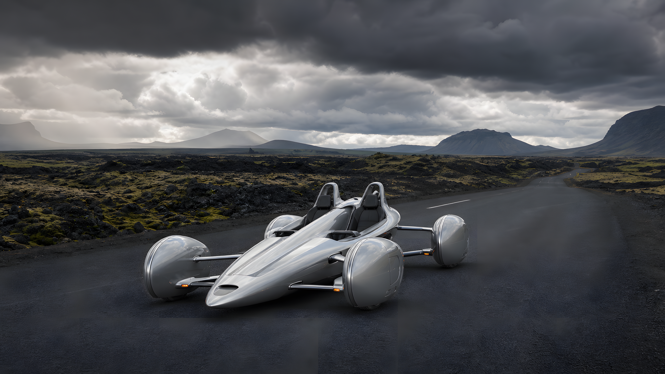 A wholly original brushed-aluminum open-cockpit speedster resting on a windswept coastal runway at dawn, wide rear-side photograph, exposed mechanical details, leather-free empty cockpit and salt haze, original 4K vehicles machines wallpaper