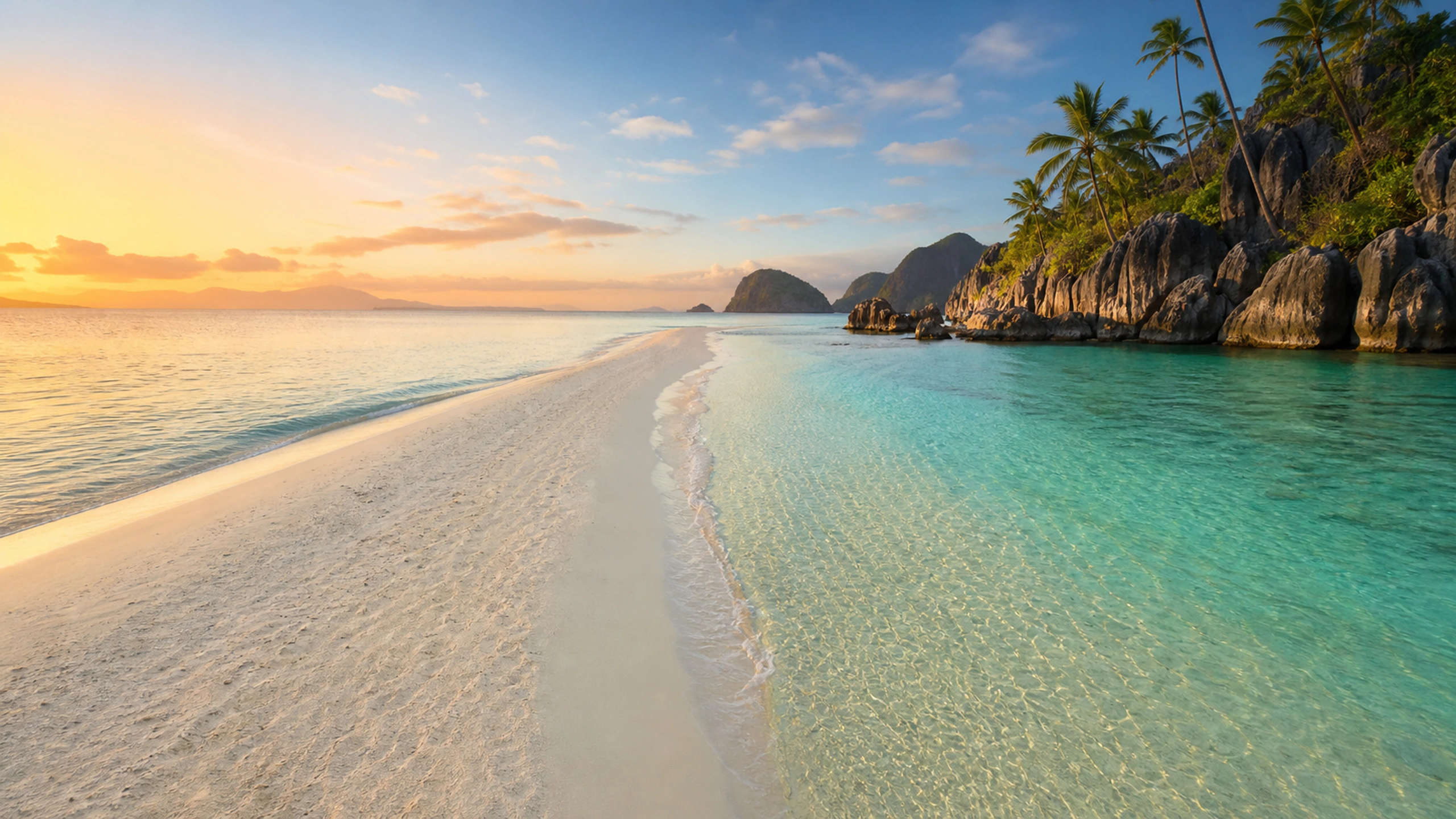 Long untouched white sandbar surrounded by layered turquoise water at sunrise, original 4K beaches wallpaper