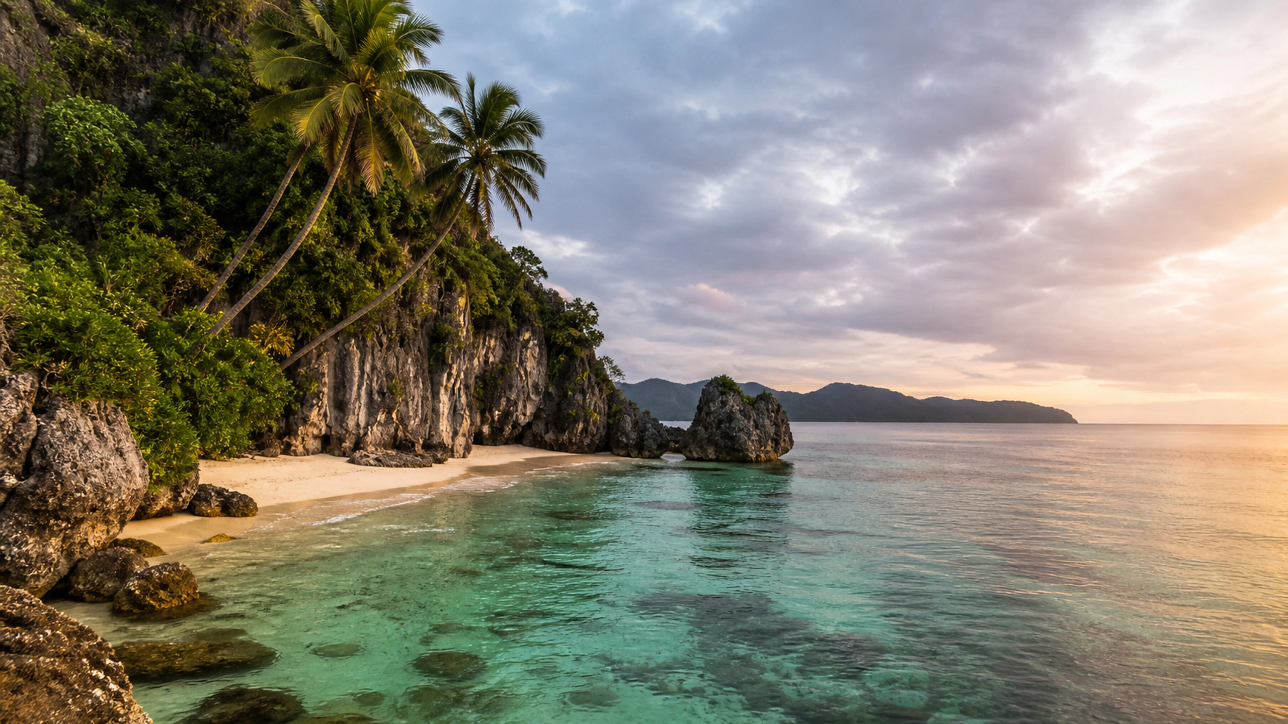 Small empty beach enclosed by weathered limestone and clear emerald water, original 4K beaches wallpaper