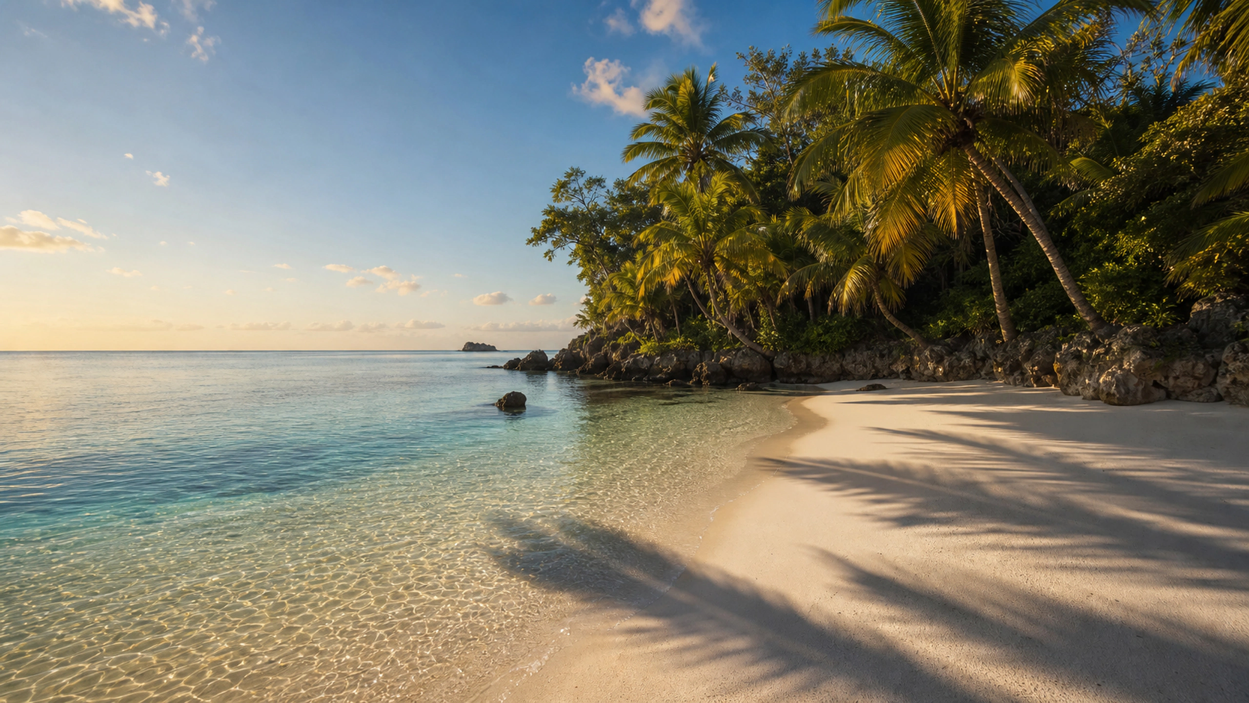 Natural palm shadows crossing clean sand beside calm transparent shallows, original 4K beaches wallpaper