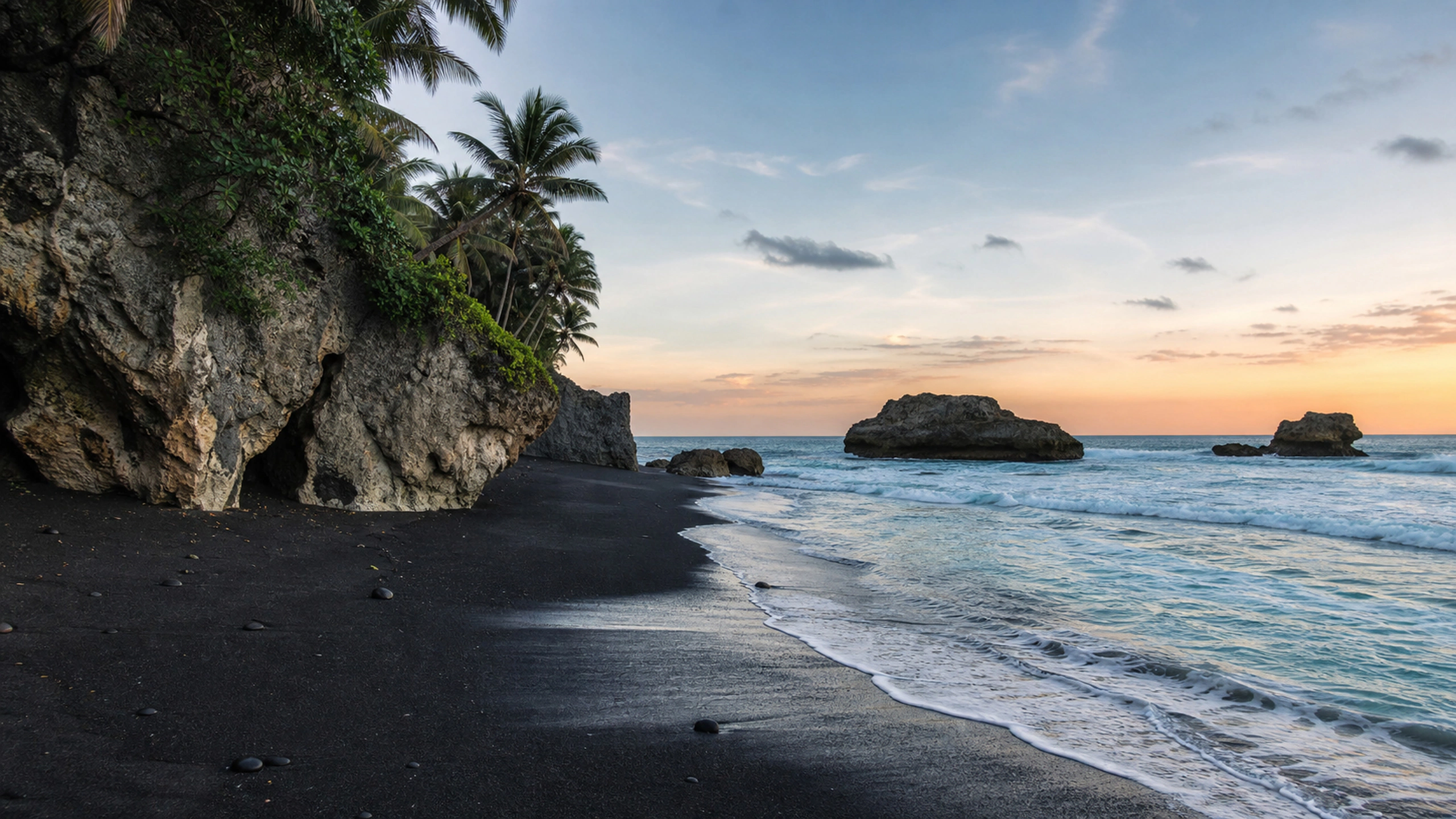 Remote black-sand tropical beach with green palms and pale blue surf, original 4K beaches wallpaper