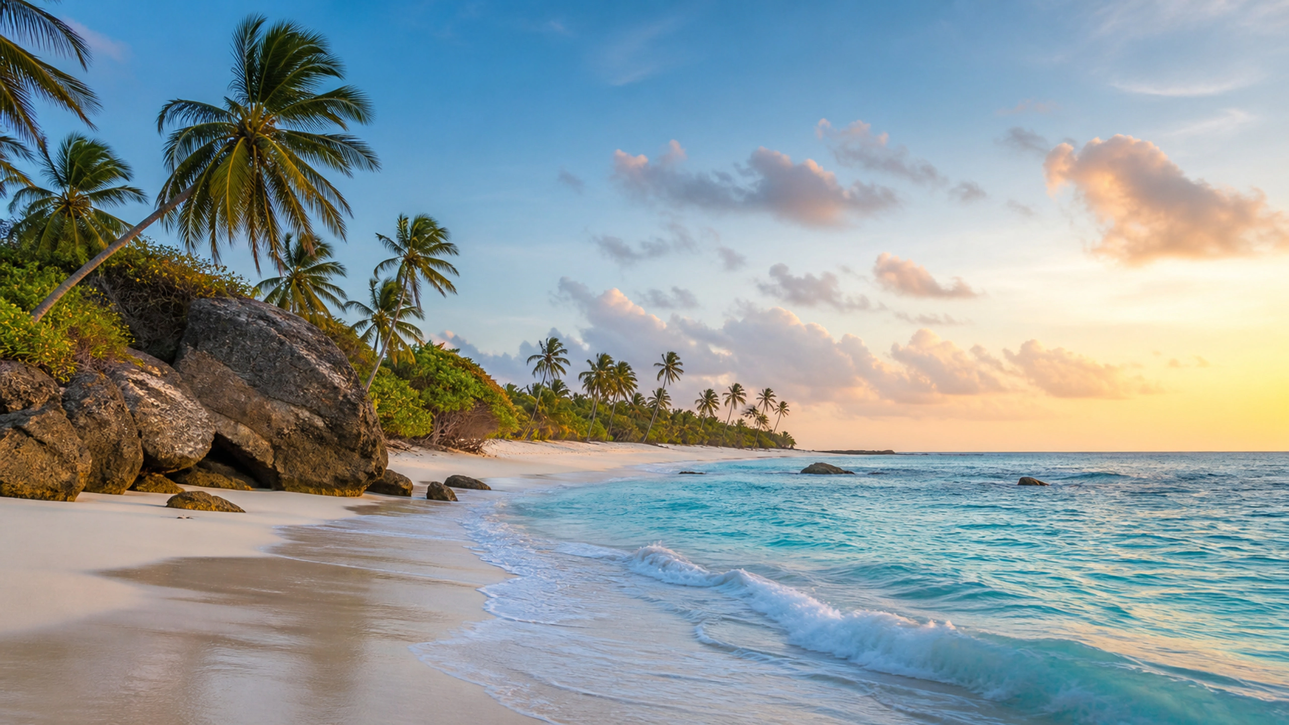Wind-shaped palms and lively turquoise waves along an untouched island coast, original 4K beaches wallpaper