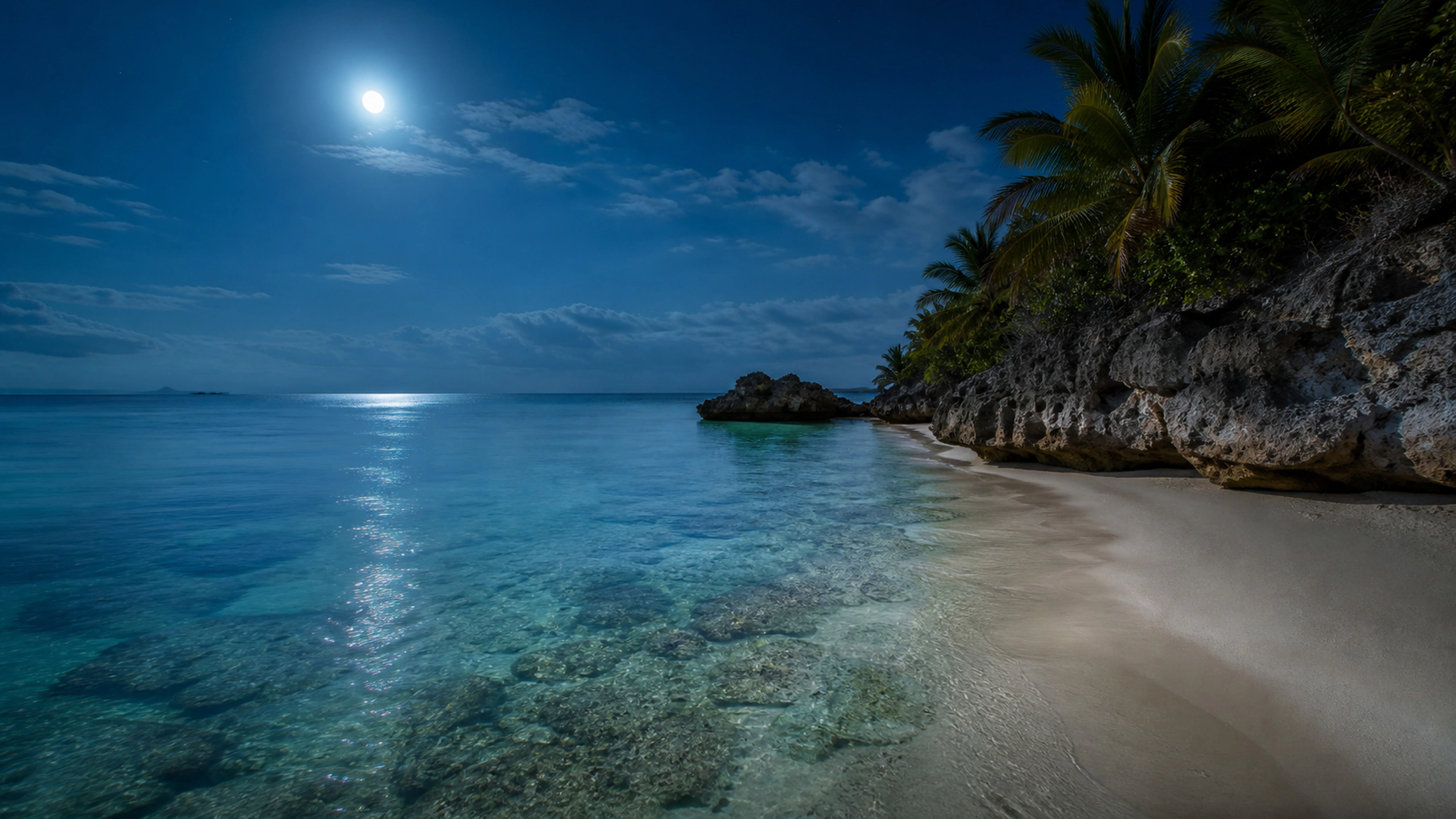 Empty tropical cove under soft moonlight with subtle silver water detail, original 4K beaches wallpaper